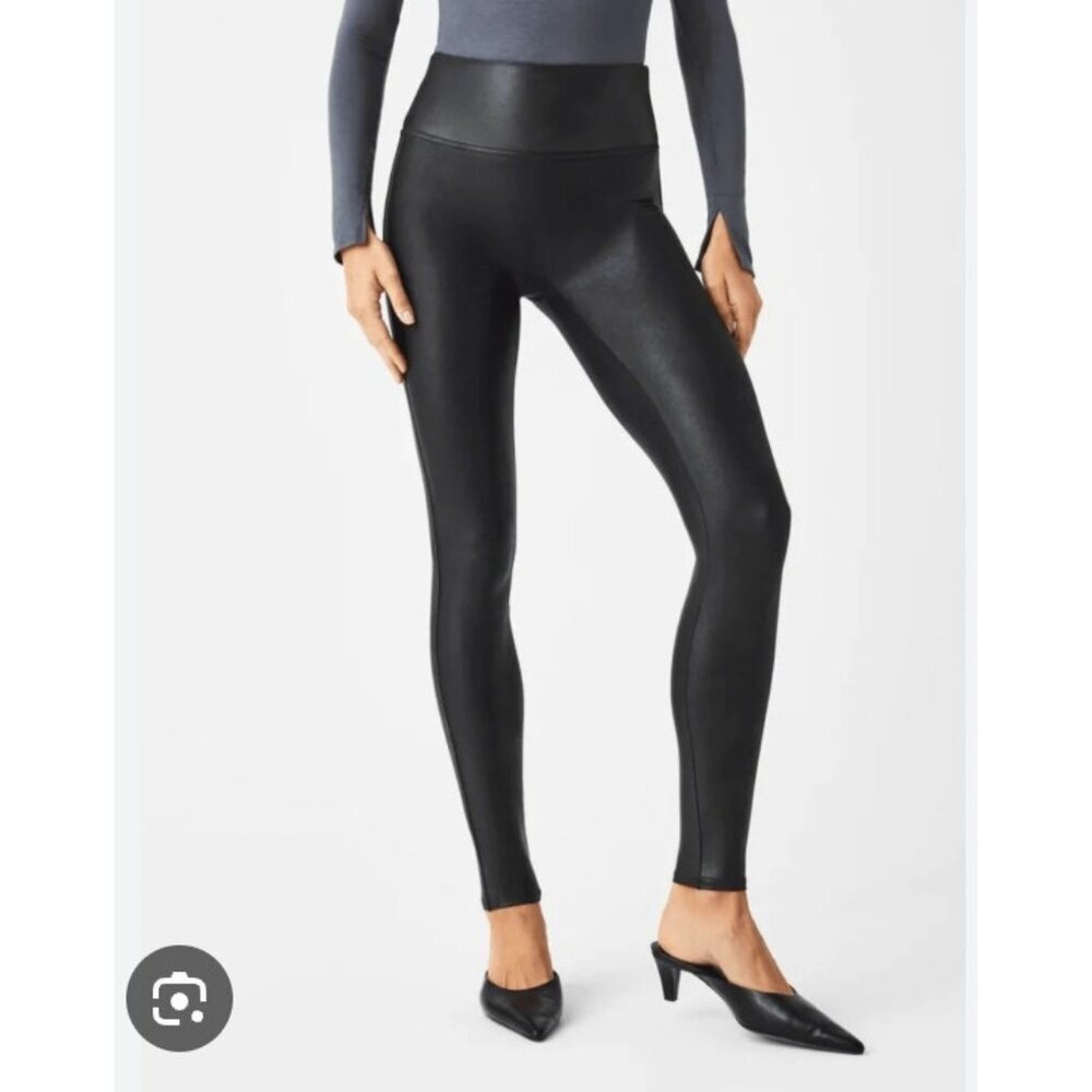 Spanx Leggings Womens Large Black High Rise Faux Leather Shaping Ankle Pants